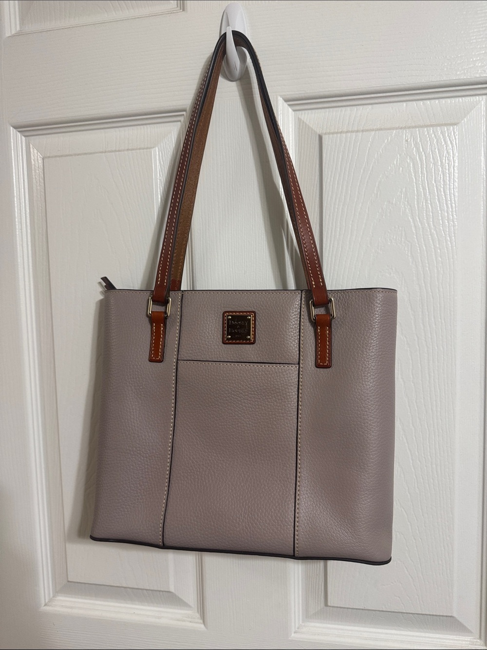 Dooney and Bouke Taupe Pebbled Leather Tote with Brown Straps